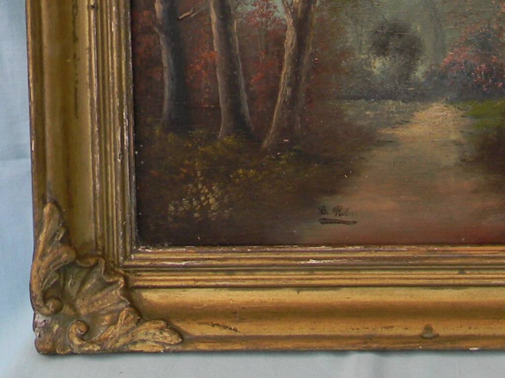 Old signed landscape painting under wood.