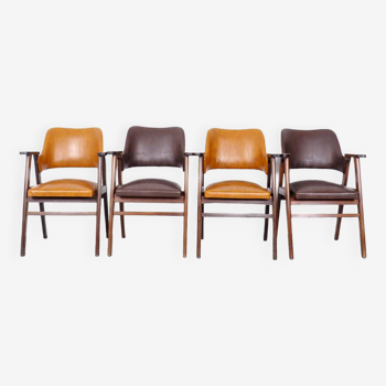 Chaises vintage en bois et skaï marron et cognac, 1960