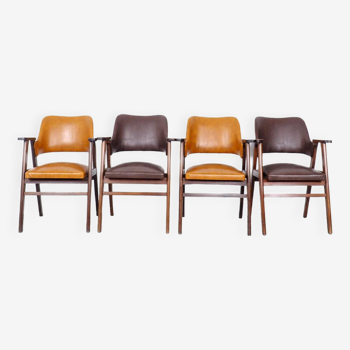 Wooden vintage chairs with brown and cognac skai, 1960s