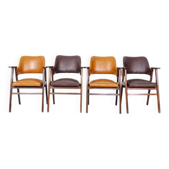 Chaises vintage en bois et skaï marron et cognac, 1960