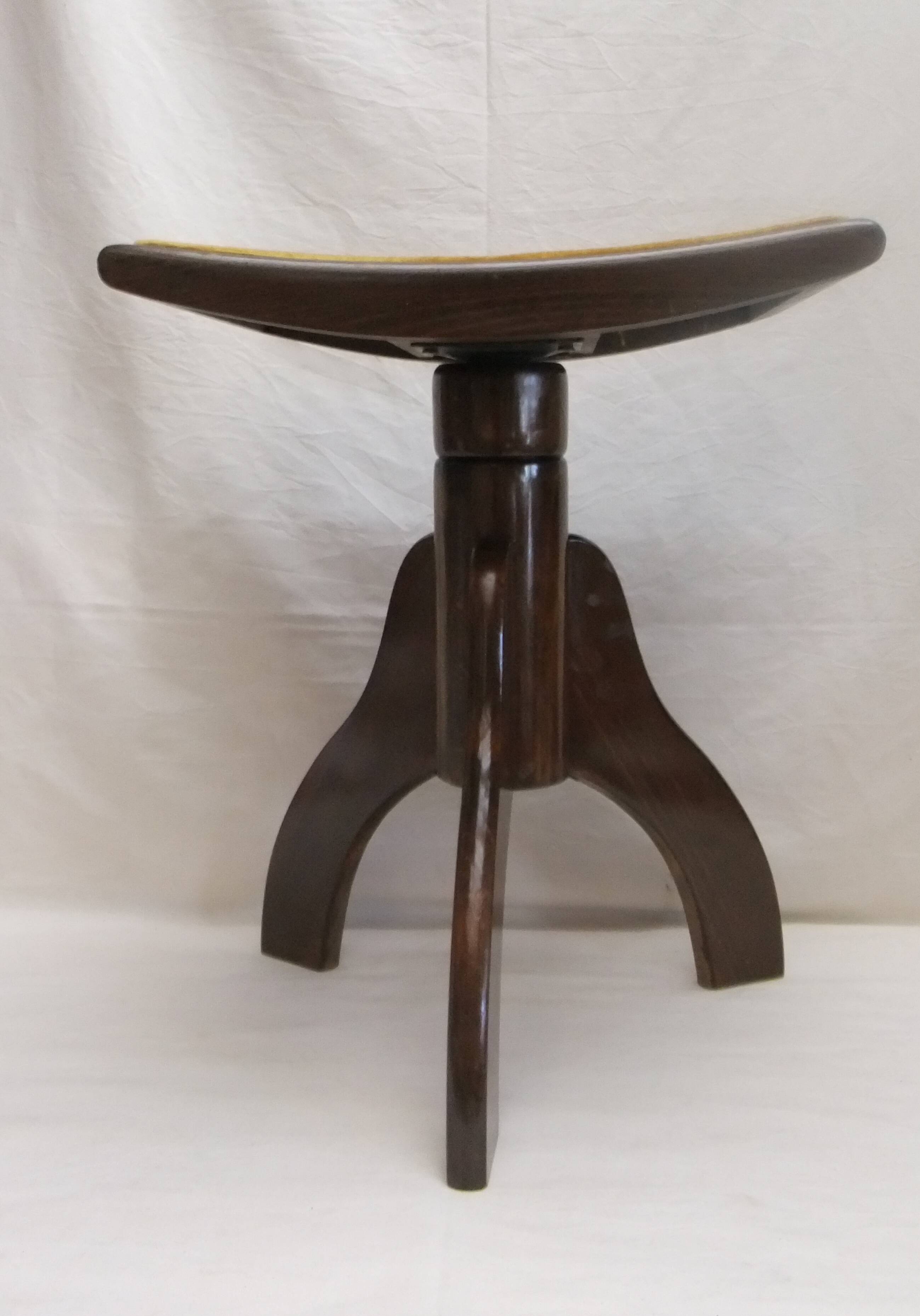 Piano stool bench old wooden tripod foot mustard velvet top