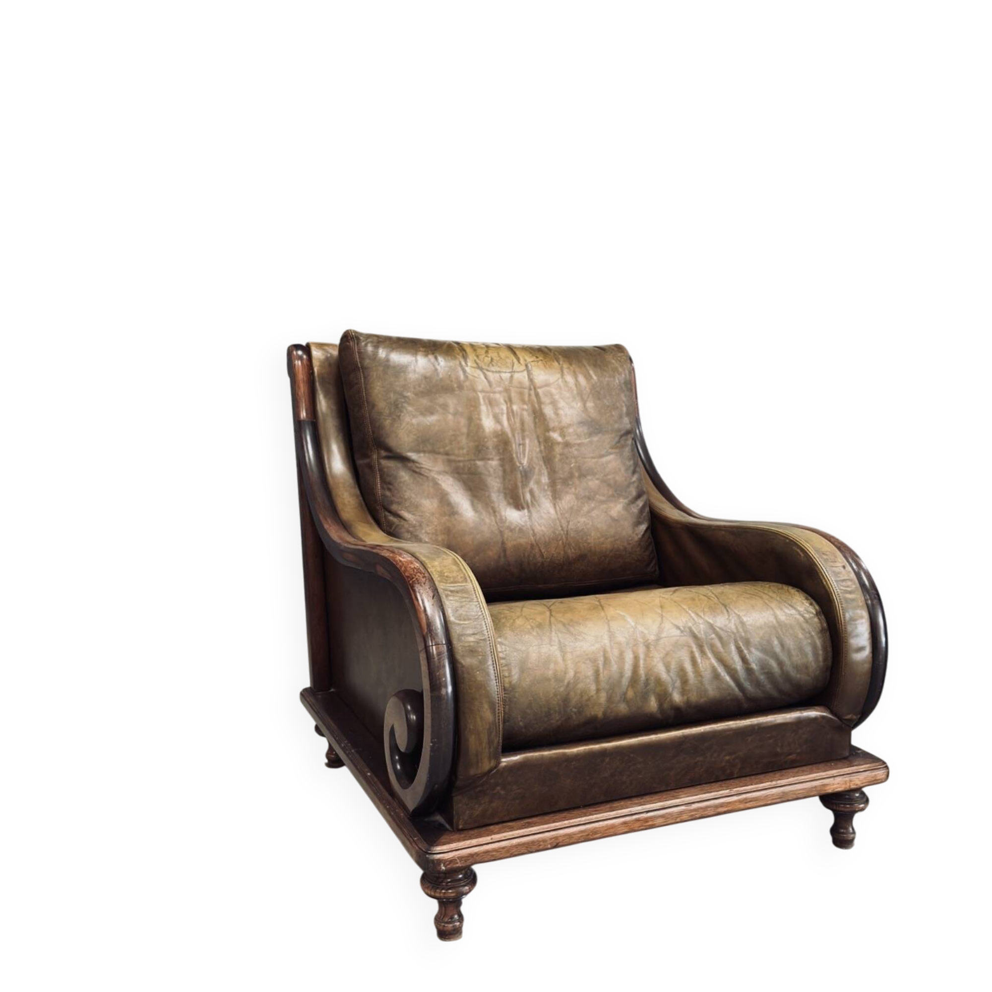 Pair of vintage cognac leather armchairs & solid wood – club/lounge style