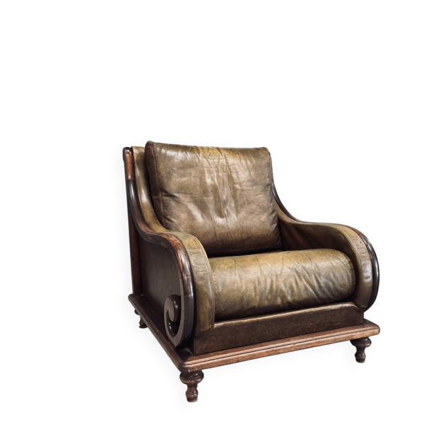 Paire de fauteuils vintage cuir cognac & bois massif – esprit club / lounge