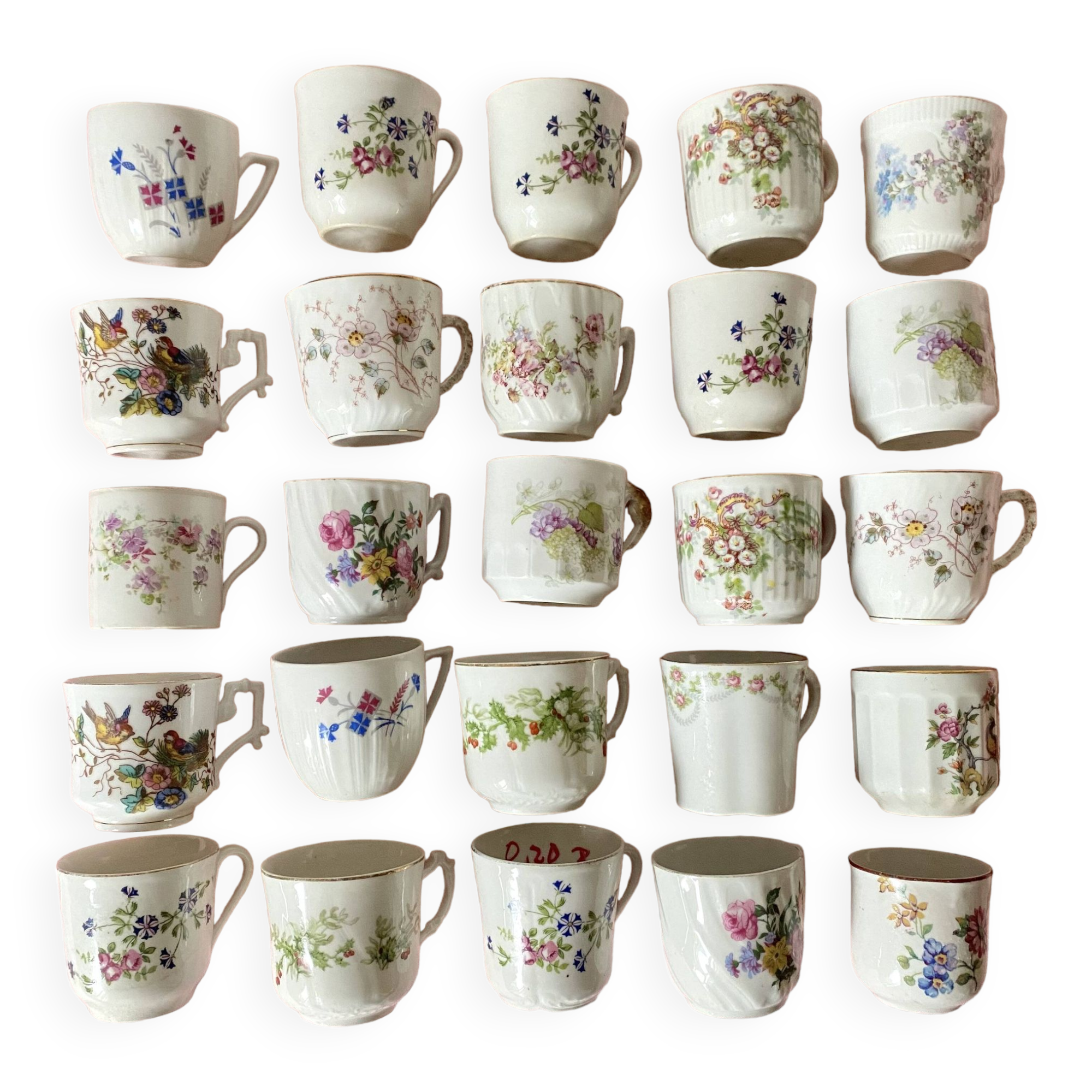 Old flowery coffee cups mismatched