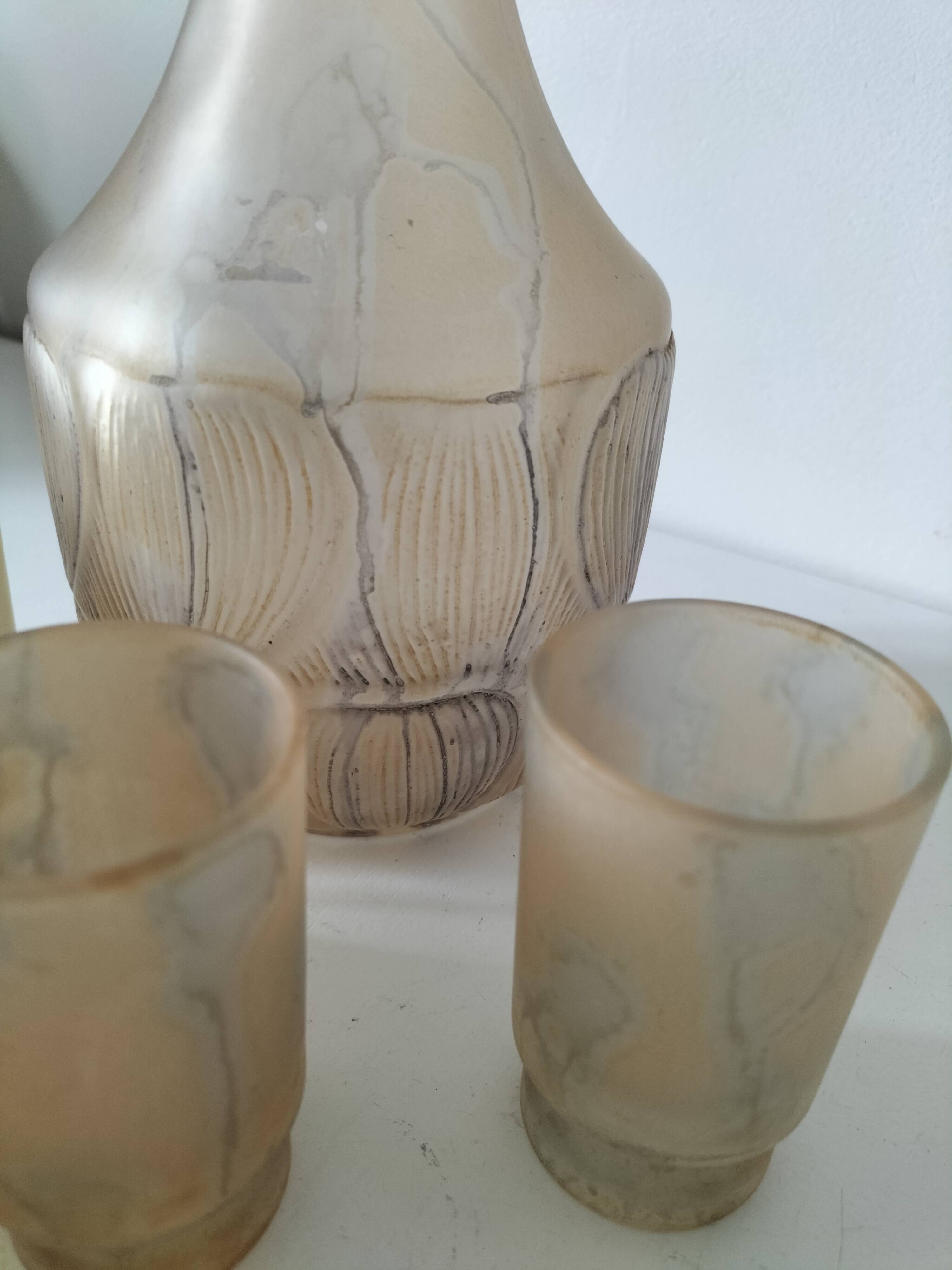 Frosted glass carafe and 6 stemmed glasses set