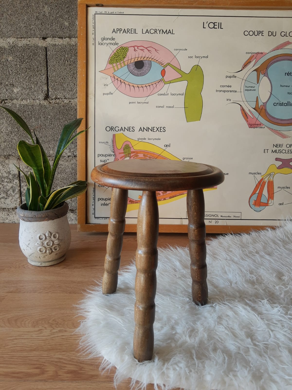 Old farm stool, tripod wooden countryside - vintage