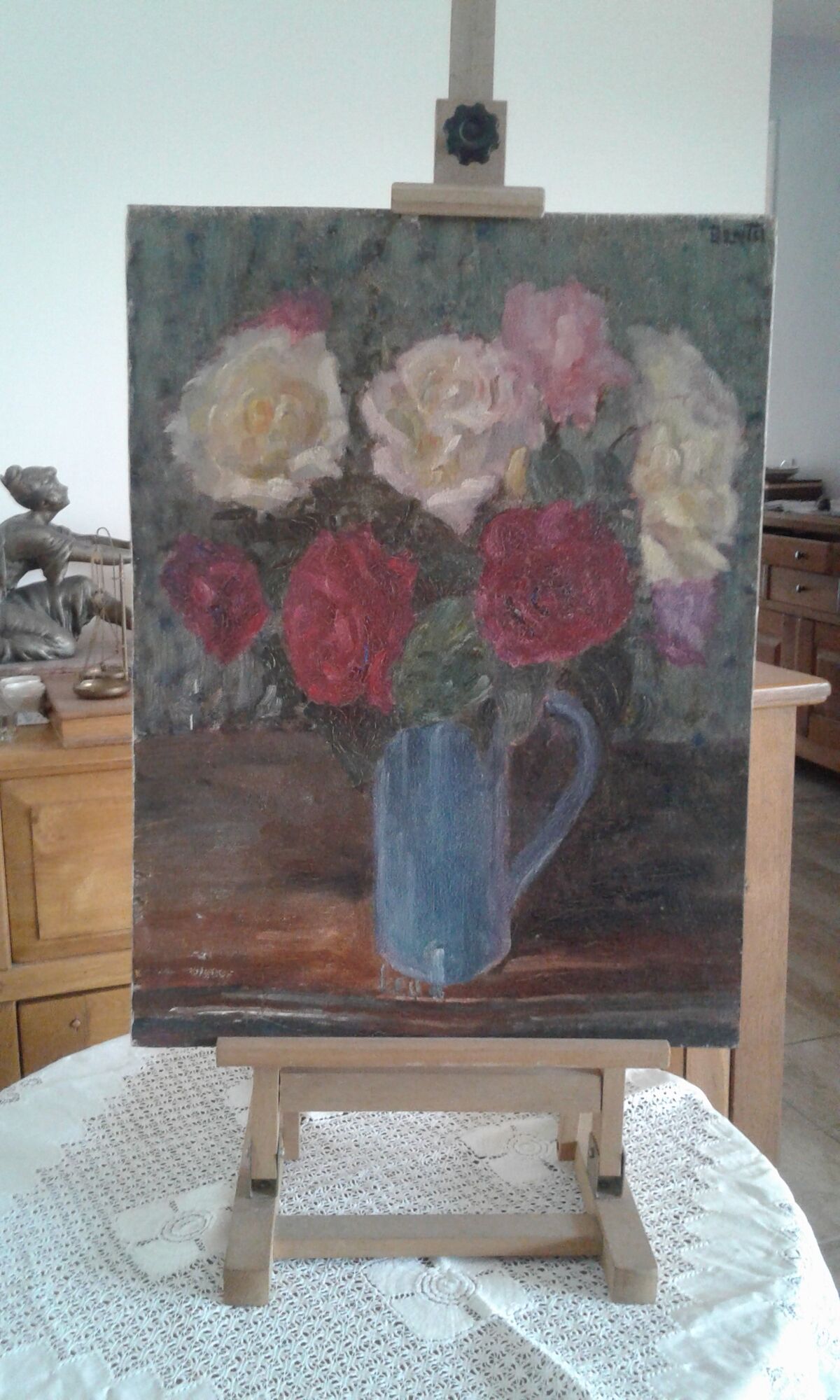 old painting, still life with bouquet of multiple-colored flowers. circa 50