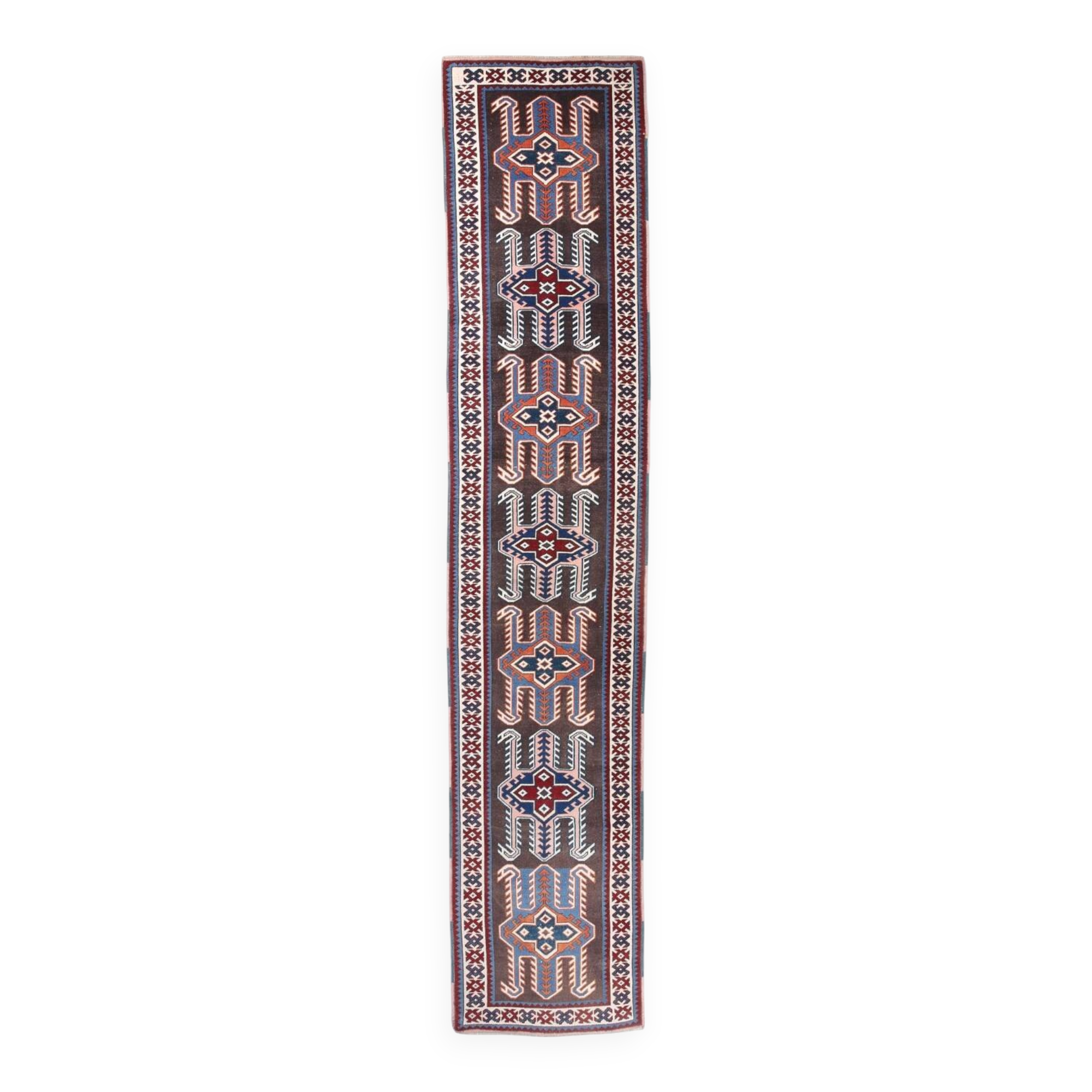 Pink & Blue Long Turkish Vintage Runner Rug, 80x398Cm