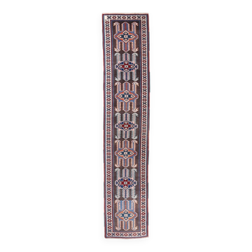 Tapis couloir vintage turc long rose et bleu, 80x398 cm