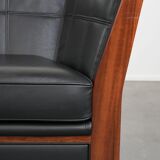 Art Deco  black leather 2.5-seater design sofa with beautiful woodwork