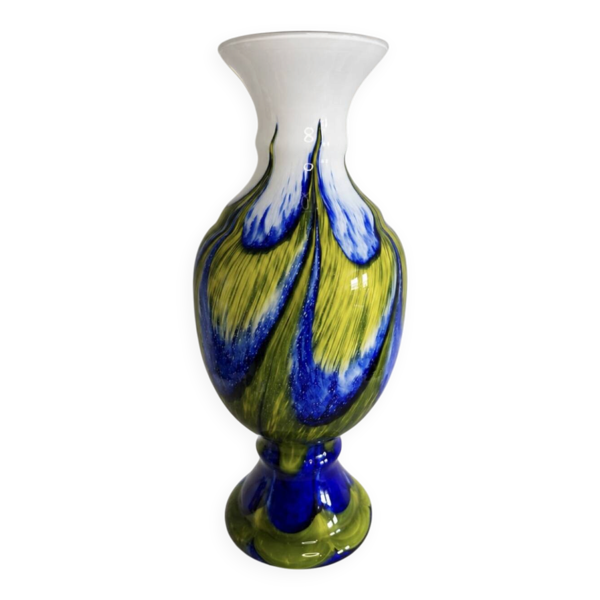 Grand vase en verre soufflé multicolore – Blanc, bleu cobalt et vert a