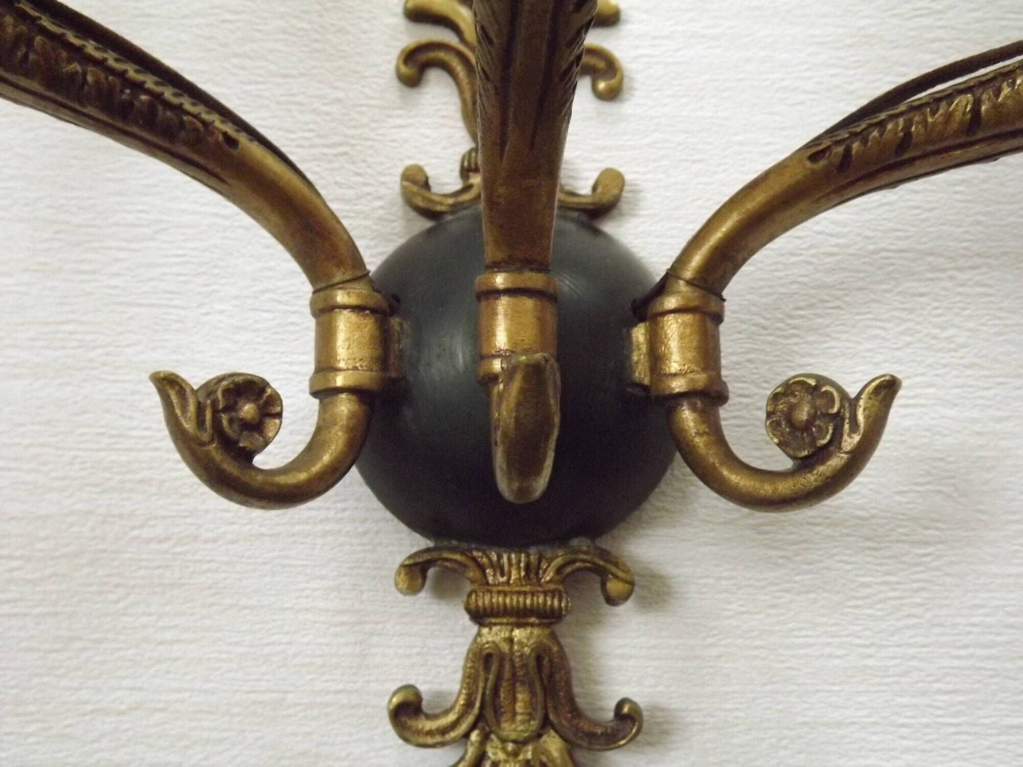 Set of 3 Bronze French Empire Style Triple Light Wall Sconces Neoclassical