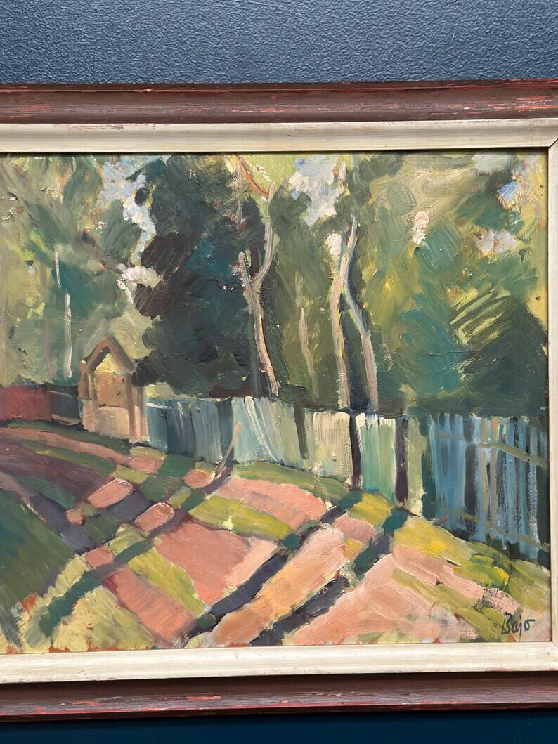 Original Swedish Oil on Panel - "Landscape with Fence" by Bajo - Signed - Vintage and Framed - 58 × 52 cm (22.8" × 20.5")