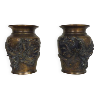 Pair of Japanese dragon vases in patinated bronze - 1900