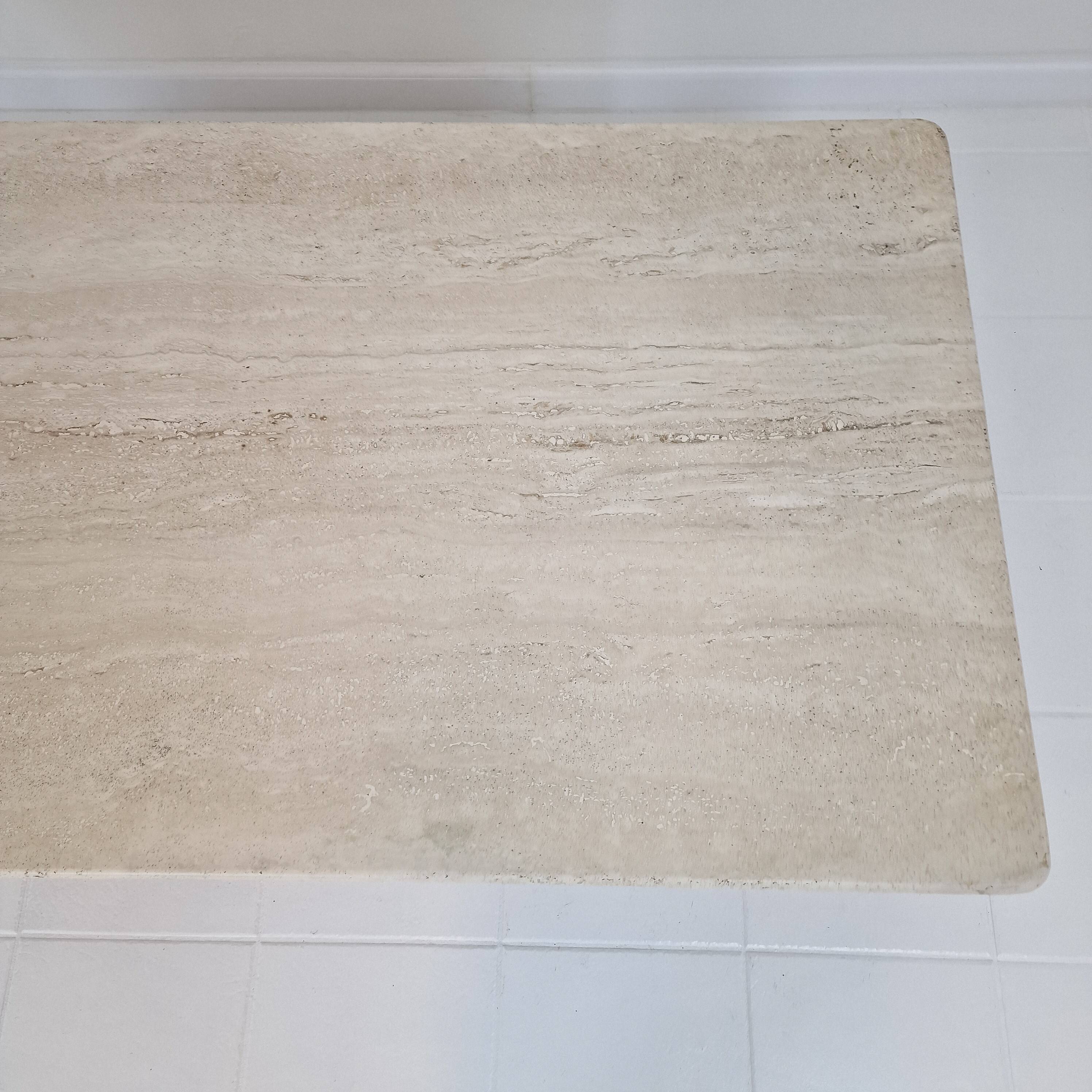 Robust Italian Travertine Coffee Table With two 3-leg Feet, 1980s