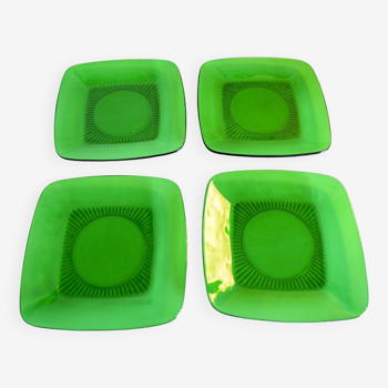 4 transparent green glass plates. Vintage 70s.