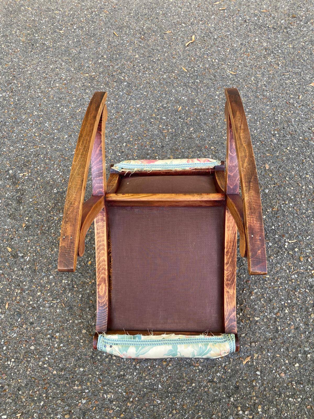Kneeling prayer desk with rocking footrest in solid wood, curule style & floral fabric.