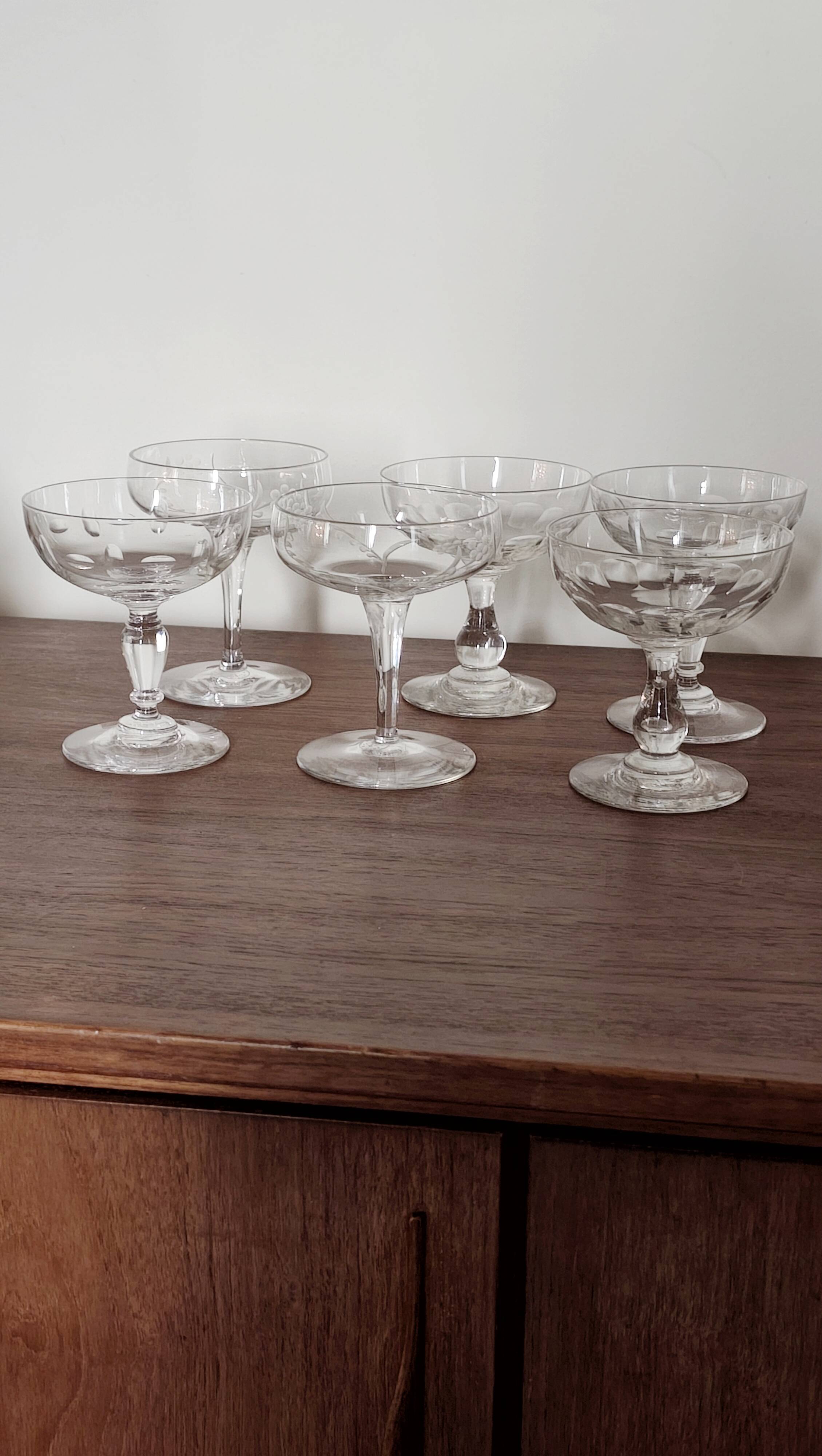 Set of 6 mismatched old crystal champagne glasses