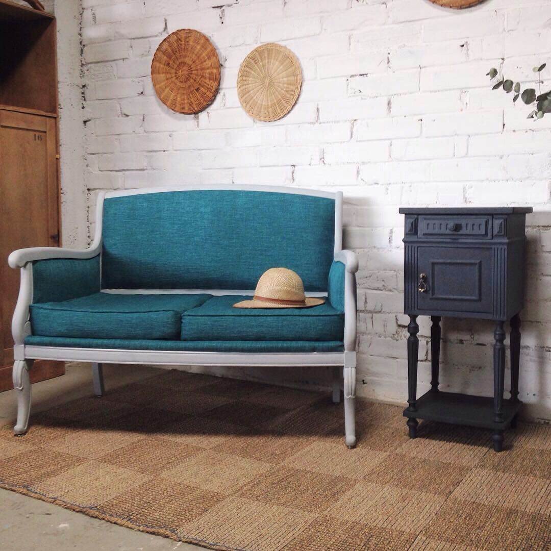 Louis Philippe grey and duck blue bench seat