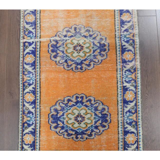 Vintage Turkish Oushak Handmade Wool Cotton Orange Runner 74x325