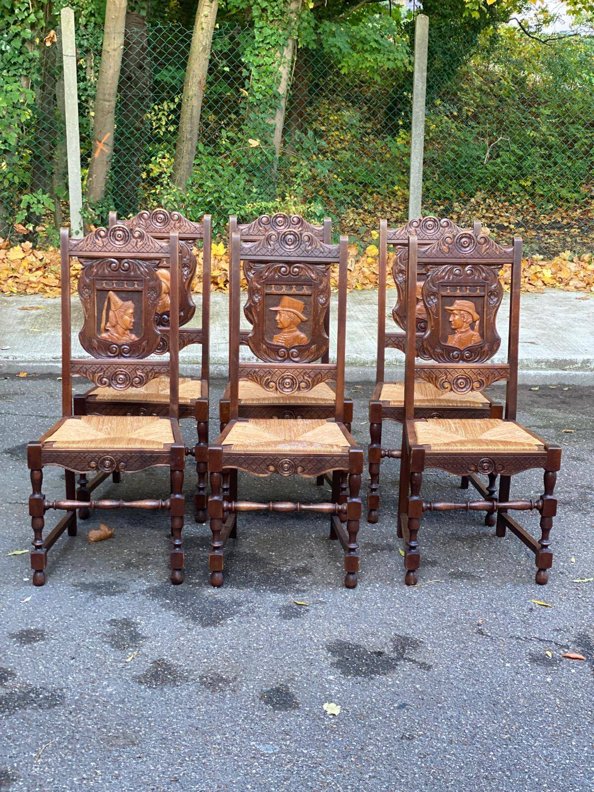 6 Henri II style solid wood straw-seated chairs