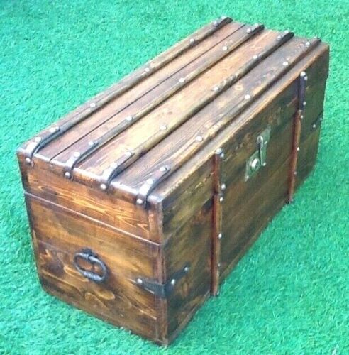 Antique travel chest Wood studded / wrapped in leather Brass lock with key (functional)