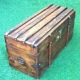 Antique travel chest Wood studded / wrapped in leather Brass lock with key (functional)