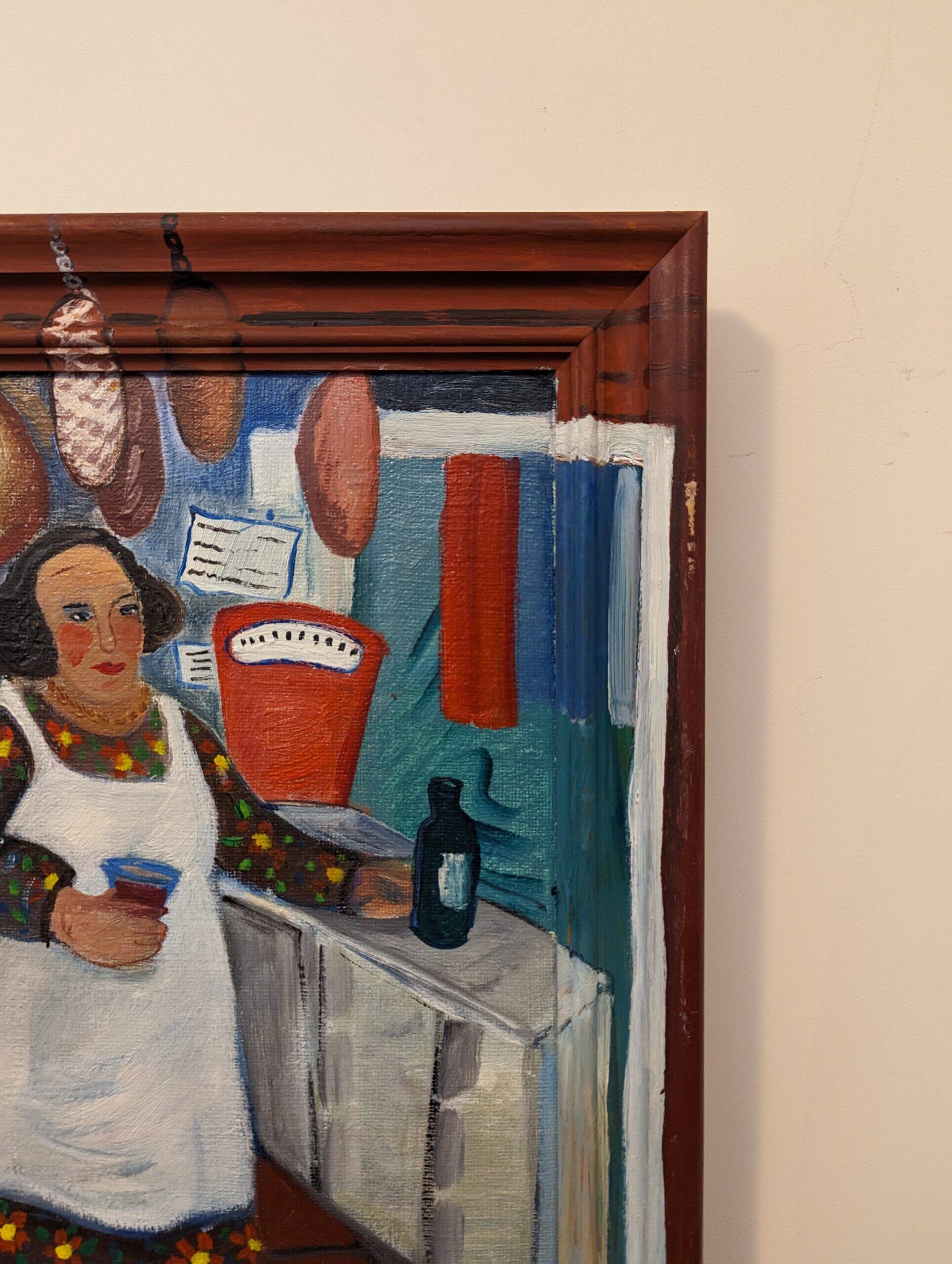 Mid-Century Modern Swedish "The Store" Vintage Figurative Oil Painting, Framed