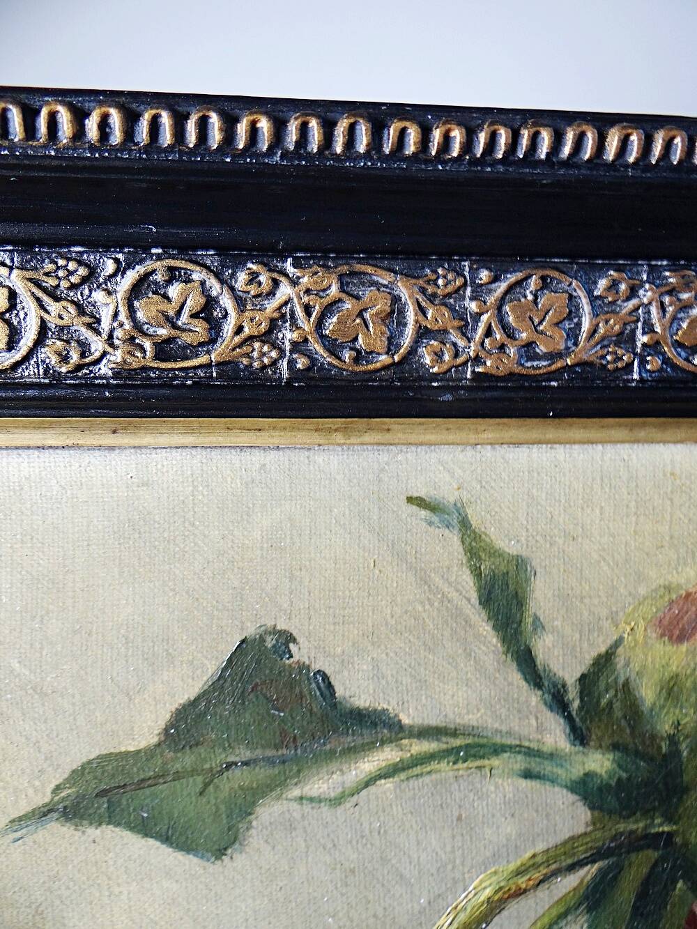Large antique painting of peonies, signed E. Jacque, late 19th to early 20th century.
