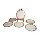 Set de 6 assiettes plates en porcelaine,"B.F Limoges" guirlandes de roses et frise géométrique, lot 1.