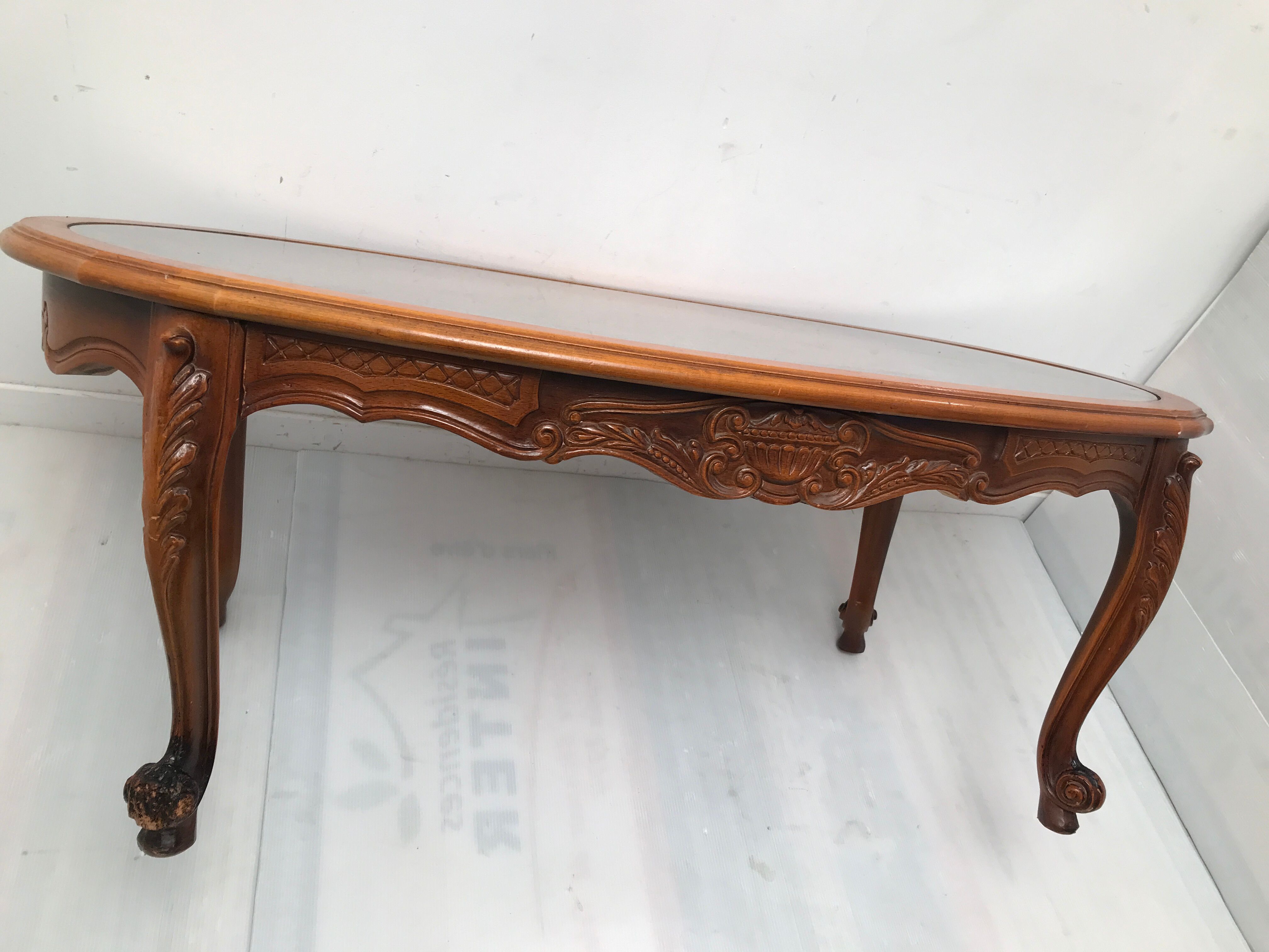 Cherry coffee table with cane top and vintage glass