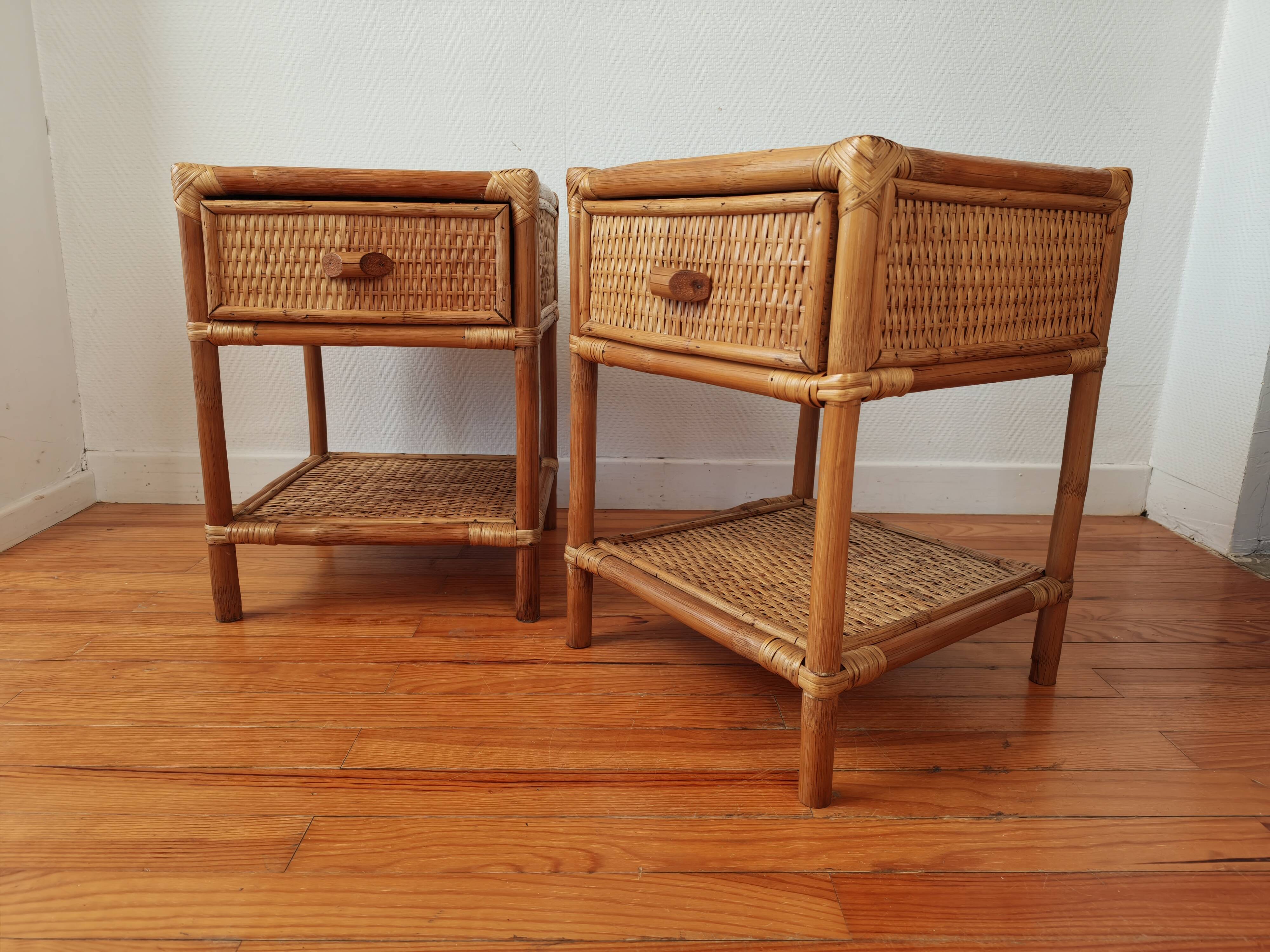 Pair of bedside tables in rattan and wicker - circa 1970