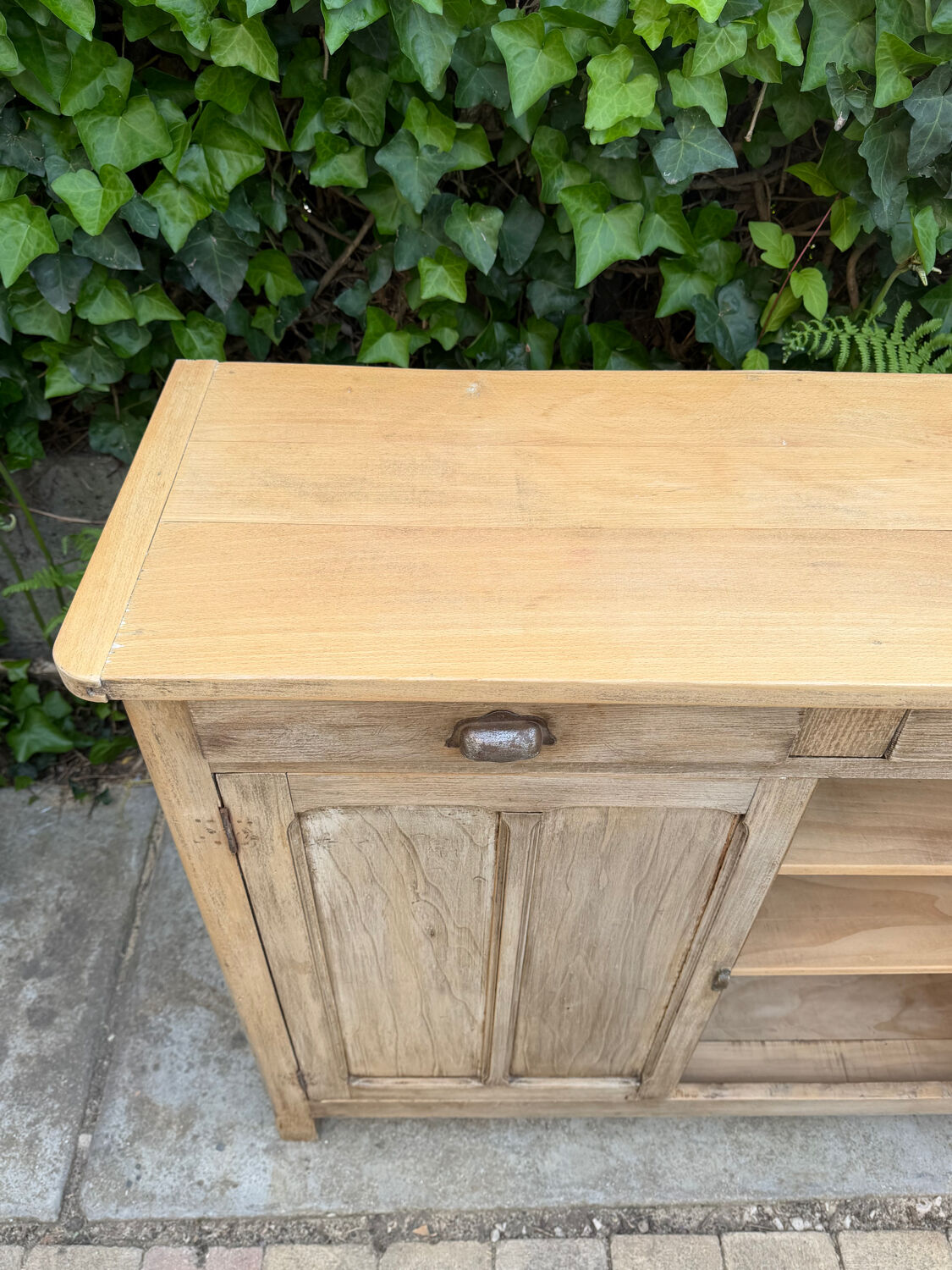 Antique patinated Parisian buffet with shell handles.