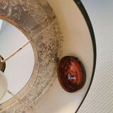 Swedish hanging lamp, in dark green lacquered metal with red glass prisms and brass top/suspension.