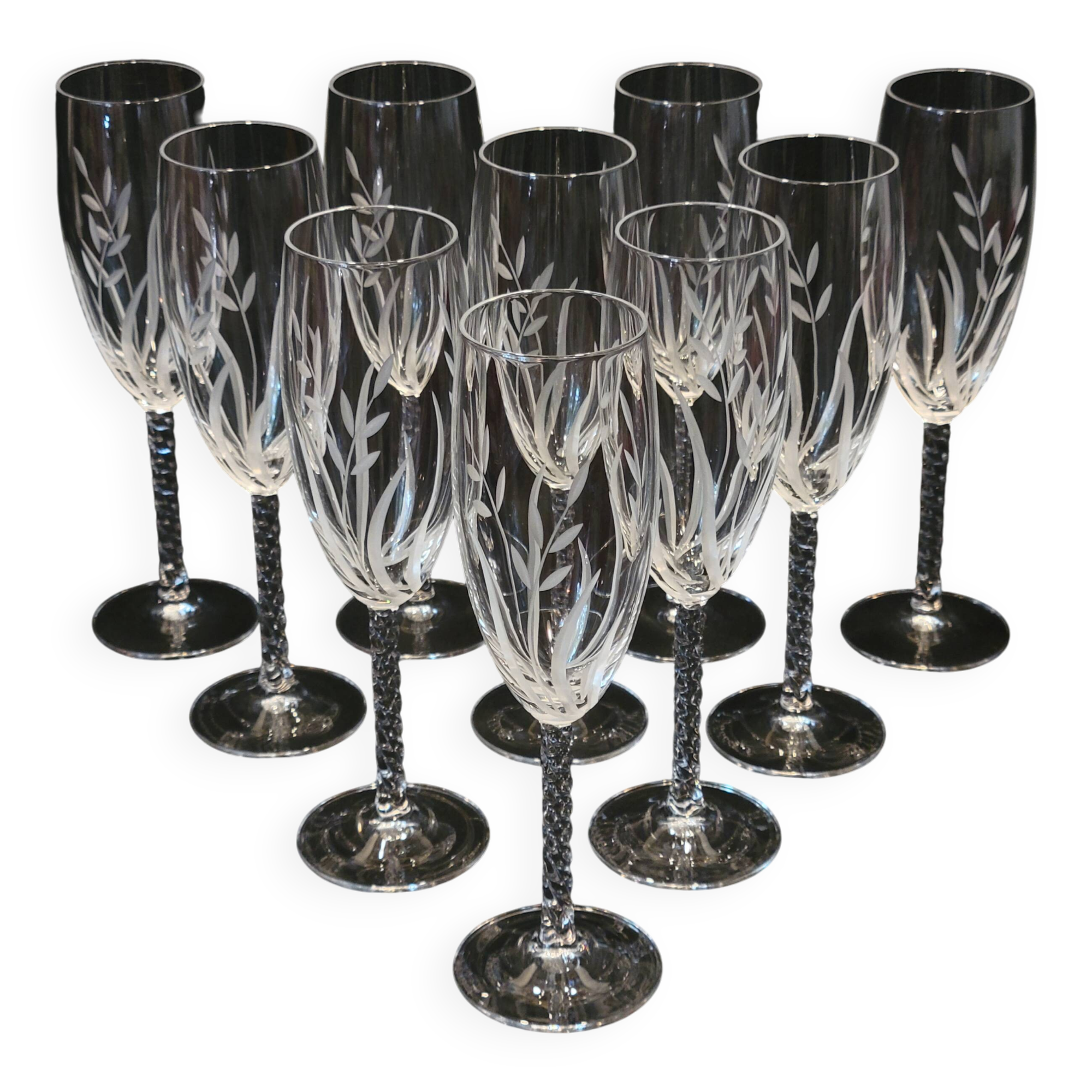 10 Arques Crystal Champagne Flutes, Fleury Cut Flamépis Pattern