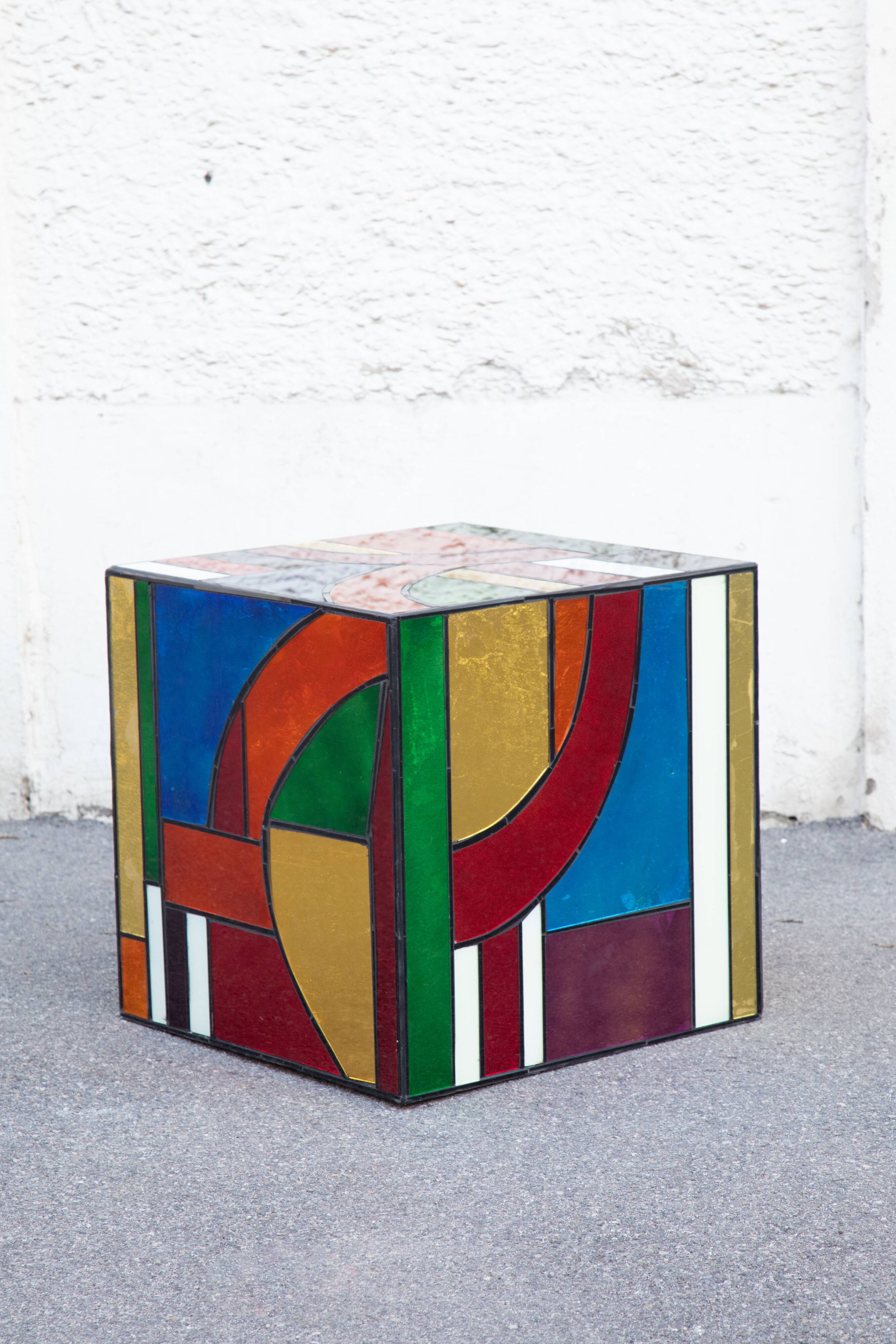Multicolored stained glass Cube side table 50*50