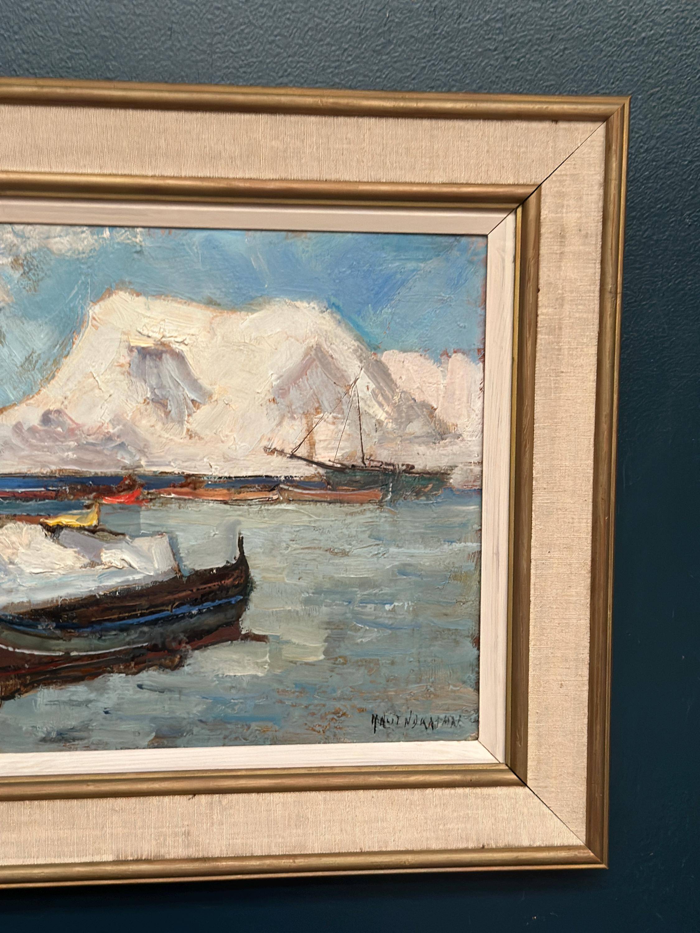 Original Swedish Oil on Panel – “Winter Harbor” by Knut Norman – Signed – Vintage & Framed