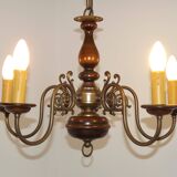 French Vintage 5 Light Mid Century Chandelier in Wood, Bronze and Metal 5525