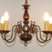 French Vintage 5 Light Mid Century Chandelier in Wood, Bronze and Metal 5525