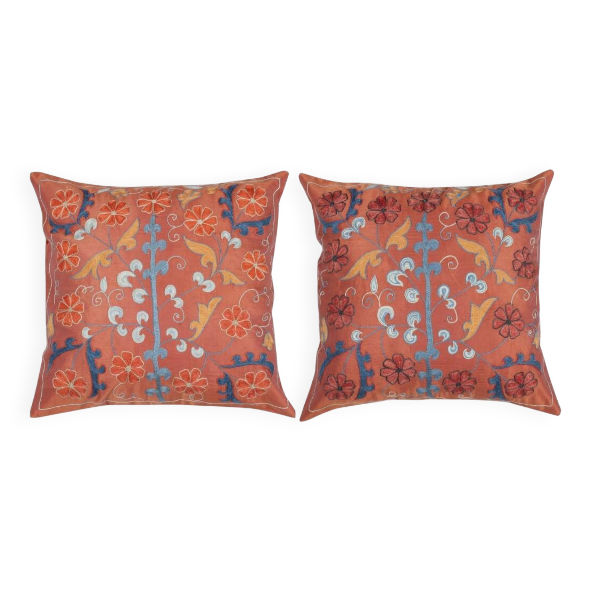 SET OF 2 - Embroidered 100% Silk Cushion Covers. Handmade Accent Pillows. Traditional Pillowcases. Lace Pillows