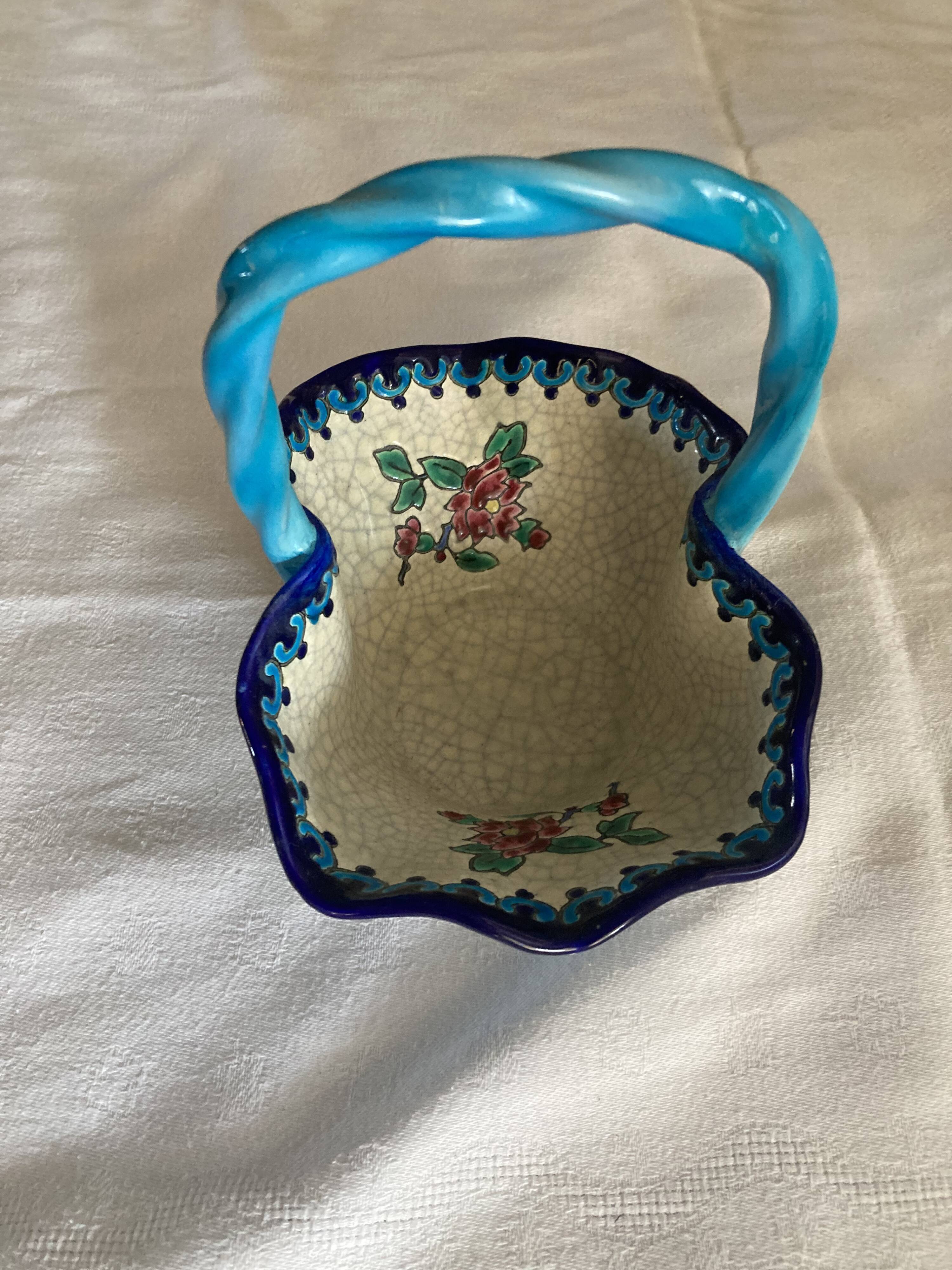 Large Basket Emaux de Longwy F3 B5000 - Twisted Turquoise Handle -