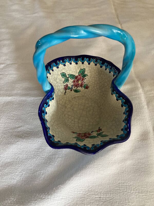 Grand Panier Corbeille Émaux de Longwy F3 B5000 - Anse Torsadée Turquoise -