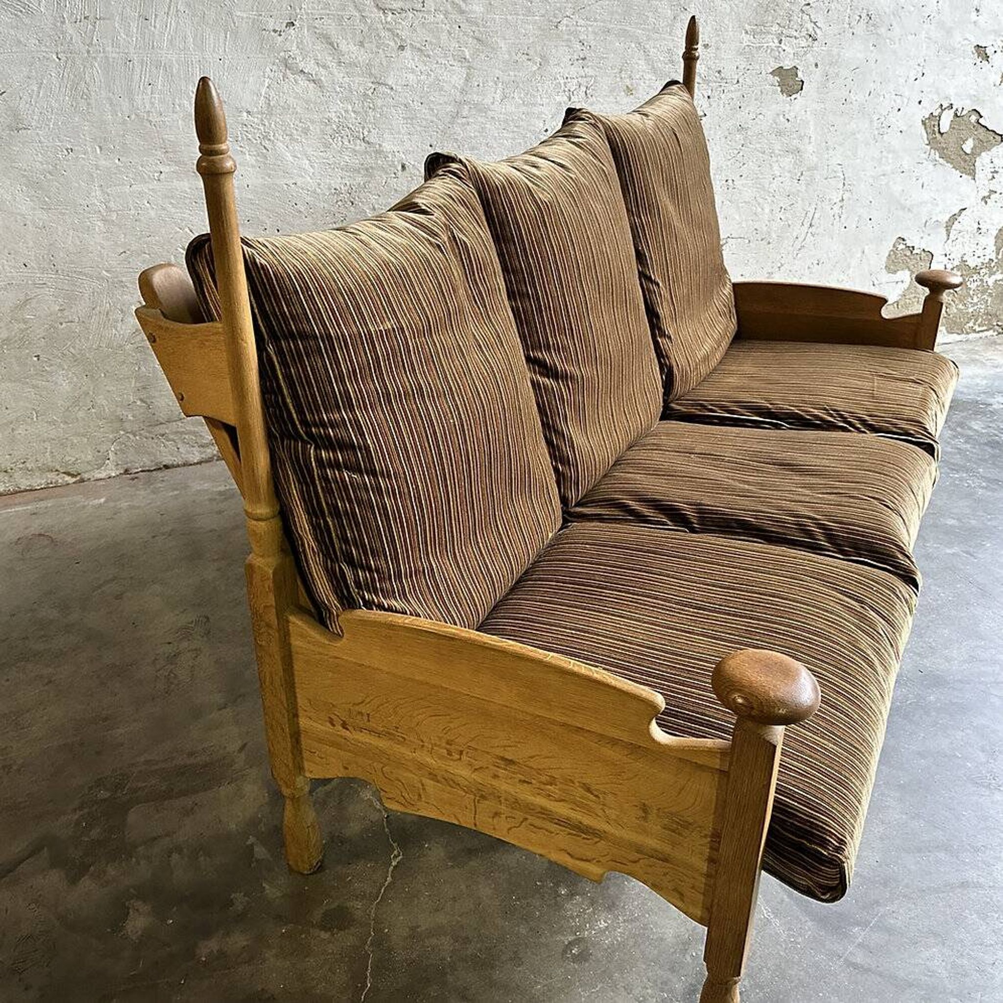 1950s brutalist oak and velvet throne-like sofa