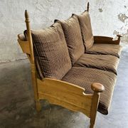 1950s brutalist oak and velvet throne-like sofa