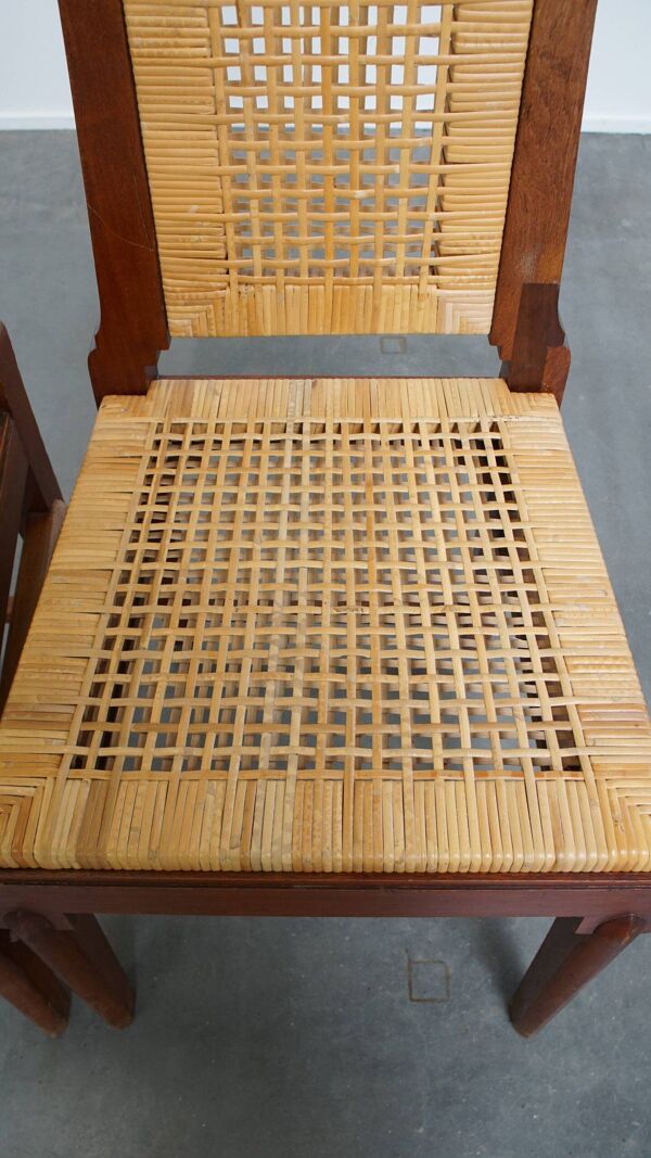 ensemble de 6 chaises de salle à manger design Art Déco en bois avec assise et dossier en osier