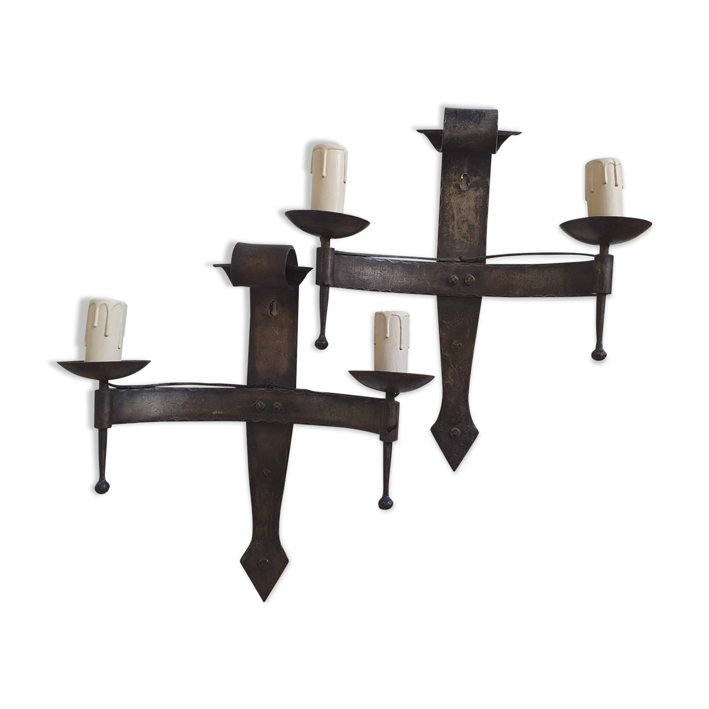 Duo of wrought iron wall lamps by Jean Touret Atelier Marolles