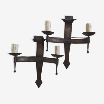 Duo of wrought iron wall lamps by Jean Touret Atelier Marolles