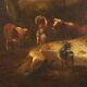 Landscape painting with figures and herds, oil on canvas, 18th century.