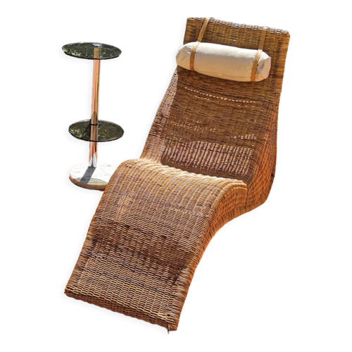 Chaise longue transat bain de soleil en rotin et bambou 1960