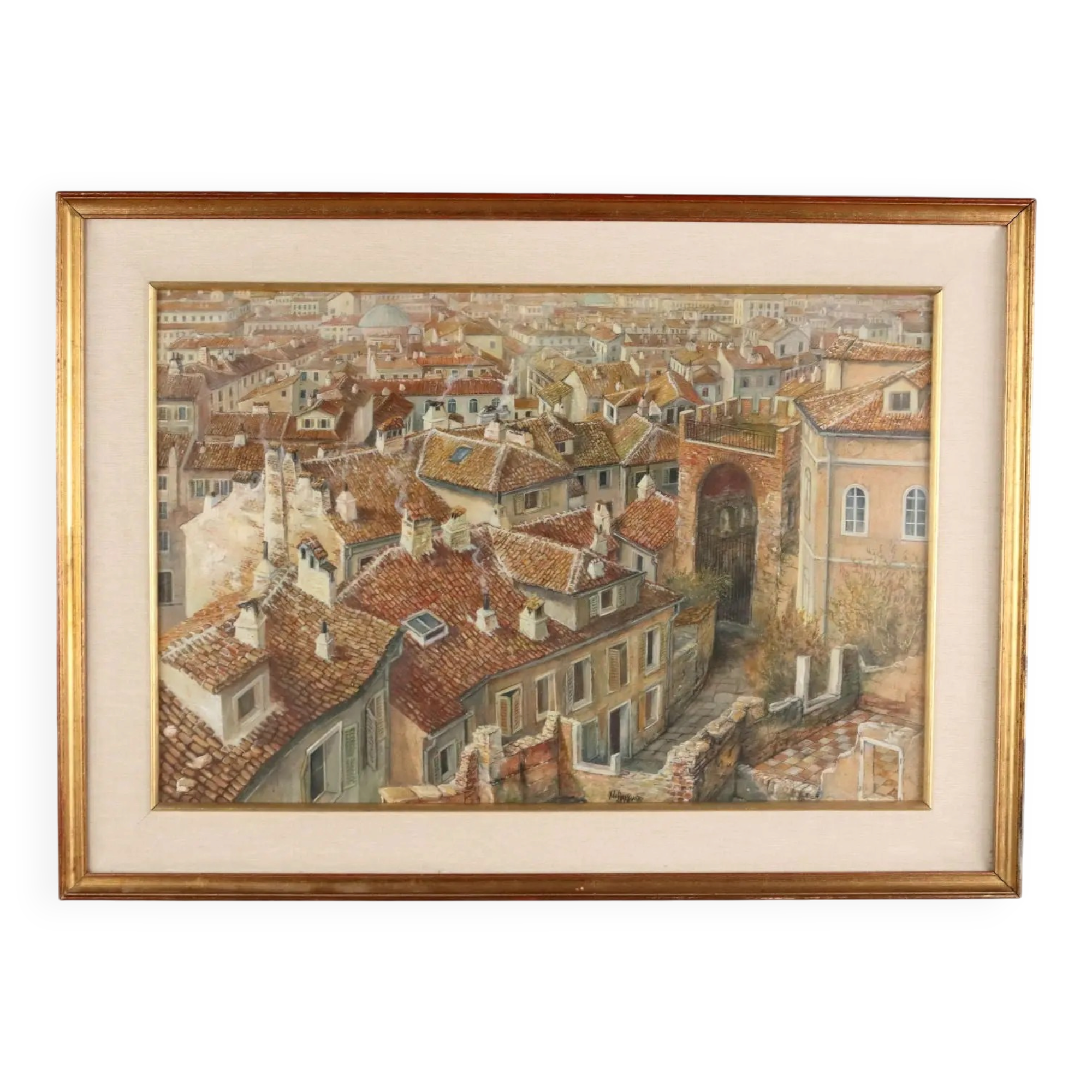 Modern painting signed Aldo Bressanuti, city view, 20th century